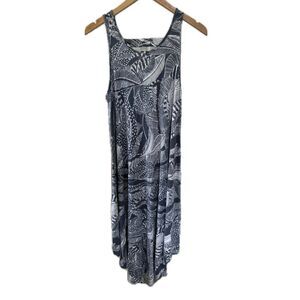 A-Line Hawaiian Tropical Leaves Sleeveless Back Cutout Curved Hem Midi Dress M
